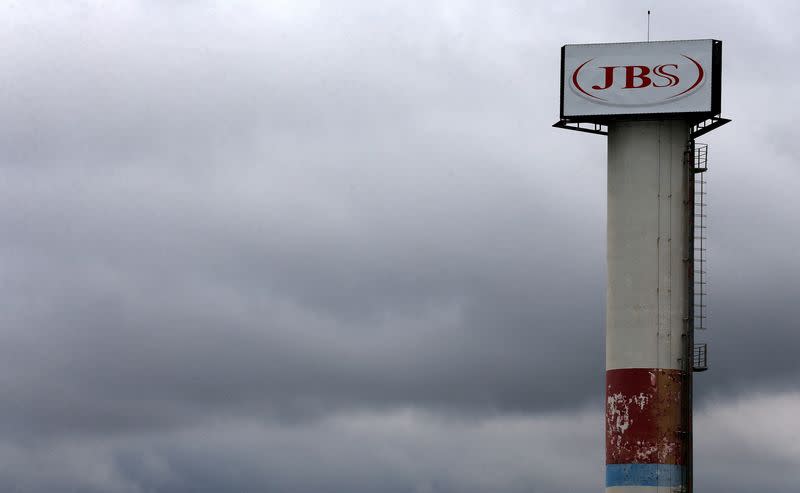 FILE PHOTO: The logo of Brazilian meatpacker JBS SA is seen in the unit in the city of Jundiai