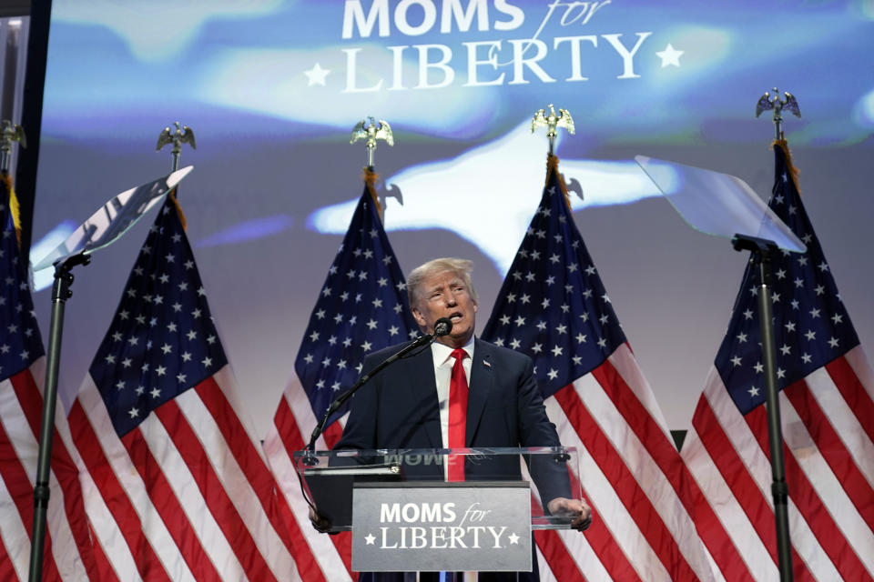 Former President Donald Trump speaks at the Moms for Liberty meeting in Philadelphia, Friday, June 30, 2023. (AP Photo/Matt Rourke)
