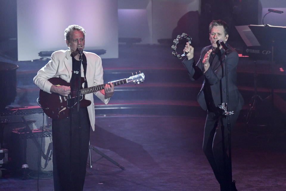 Michael Bacon, left, and Kevin Bacon perform "Footloose" at the Songwriters Hall of Fame Induction and Awards Gala at the New York Marriott Marquis Hotel on Thursday, June 13, 2024, in New York. (Photo by Evan Agostini/Invision/AP)