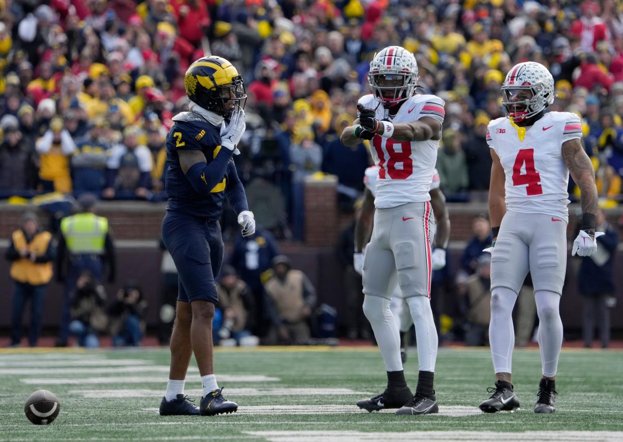 Ohio State receiver Marvin Harrison Jr. celebrates a first down during Saturday's 30-24 loss to Michigan.