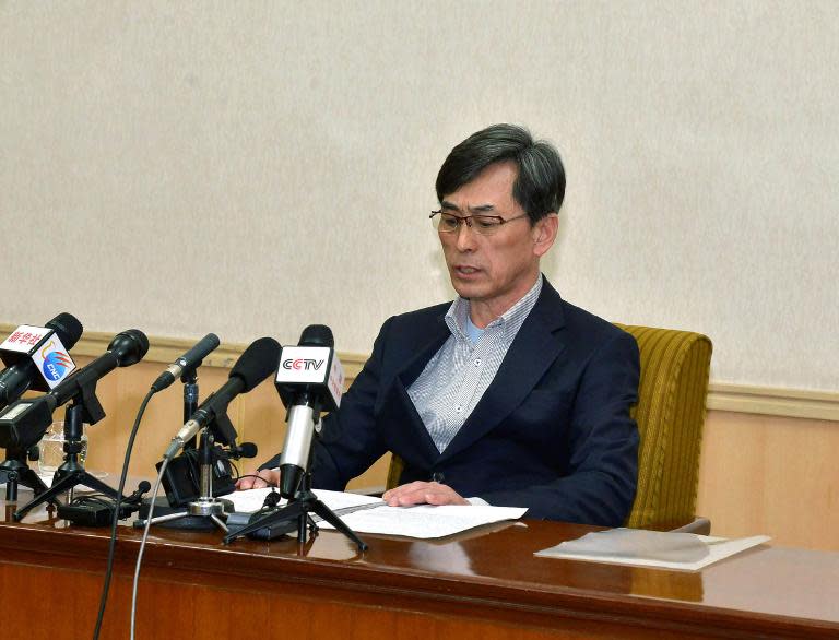 South Korean Kim Kuk-Gi, arrested for alleged spying in North Korea, speaks at a press conference at the People's Palace of Culture in Pyongyang, March 26, 2015