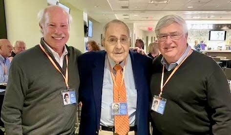 This photo taken at the Reid Ross Classical High School 50th Reunion in November of 2023 shows the school's 1972 state football finalists, from left, former defensive end Rick Hazlett, football coach John Daksal and quarterback Mike Hoadley.