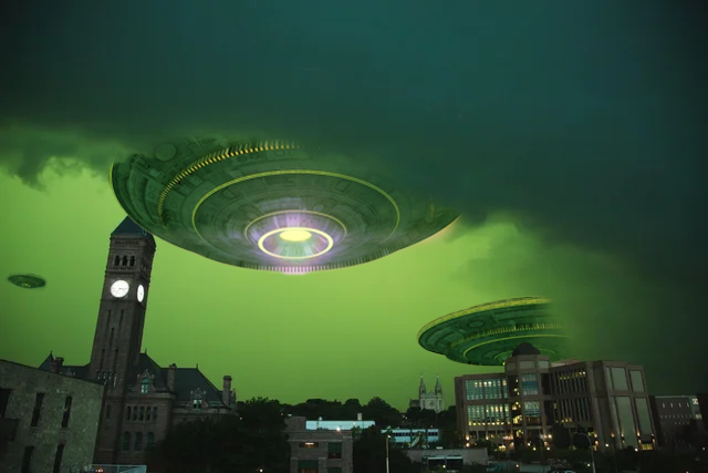 UFOs hover over downtown Sioux Falls in a photoshopped image posted by Reddit user Any-Kaleidoscope849. The original image was taken by Jaden Miller of Sioux Falls. The photo has become a meme.