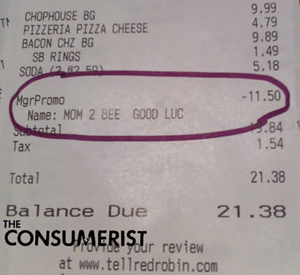 Red Robin receipt shows a comped meal for "MOM 2 BEE" (Consumerist)