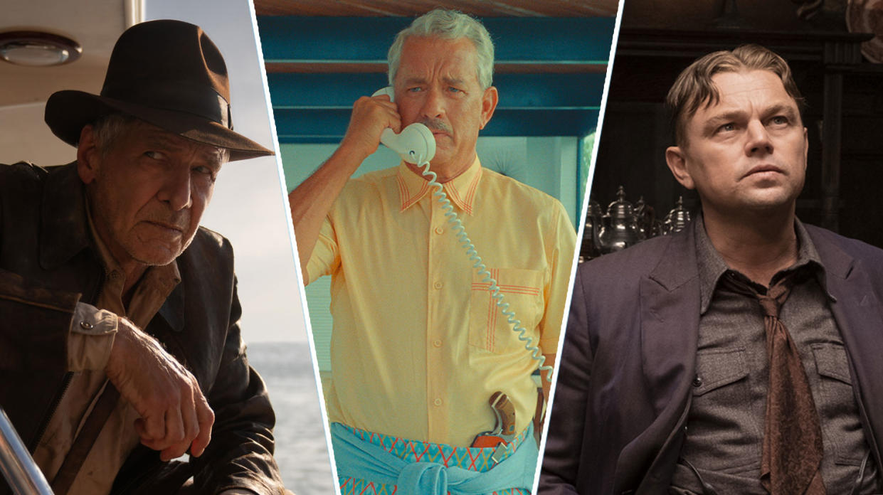 Harrison Ford in Indiana Jones and the Dial of Destiny, Tom Hanks in Asteroid City, and Leonardo DiCaprio in Killers of the Flower Moon which will all play at Cannes. (Lucasfilm/Universal Pictures/Apple TV+)