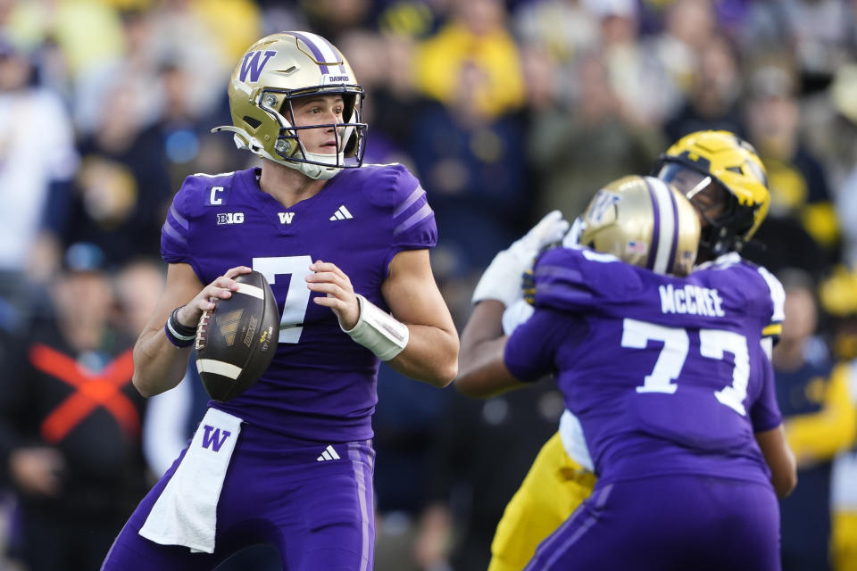 Washington quarterback Will Rogers looks to pass against Michigan during the first half of an NCAA college football game Saturday, Oct. 5, 2024, in Seattle. (AP Photo/Lindsey Wasson)