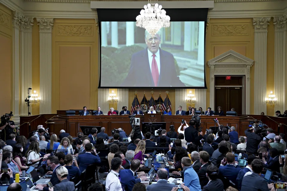 A video of former President Donald Trump played on a screen during a hearing of the Select Committee to Investigate the January 6th Attack on the US Capitol in Washington, D.C., US, on Thursday, July 21, 2022. (Al Drago/Bloomberg via Getty Images)