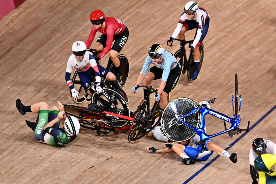 Belgian cyclist Lotte Kopecky falls during the scratch race, first part of the women's Omnium track cycling event on day 17 of the 'Tokyo 2020 Olympic Games' in Tokyo, Japan on Sunday 08 August 2021.