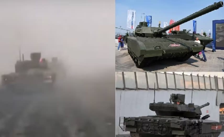  T-14坦克進入烏東地區的影片截圖，從側後方來看，的確是T-14坦克無疑。   圖：翻攝自裝甲鏟史官