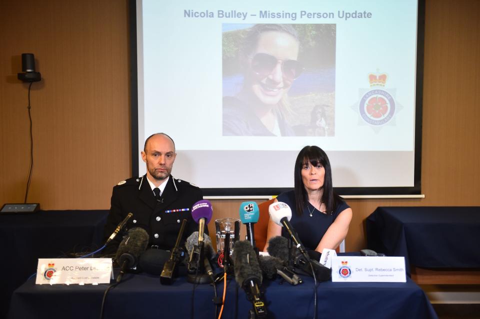 Assistant Chief Constable Peter Lawson (left) and Detective Superintendent Rebecca Smith of Lancashire Police update the media in St Michael's on Wyre amid the search for Nicola Bulley (PA)