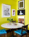 <p>A fashionable combination of white, black, and blue pulls this lime green kitchen nook together. </p>