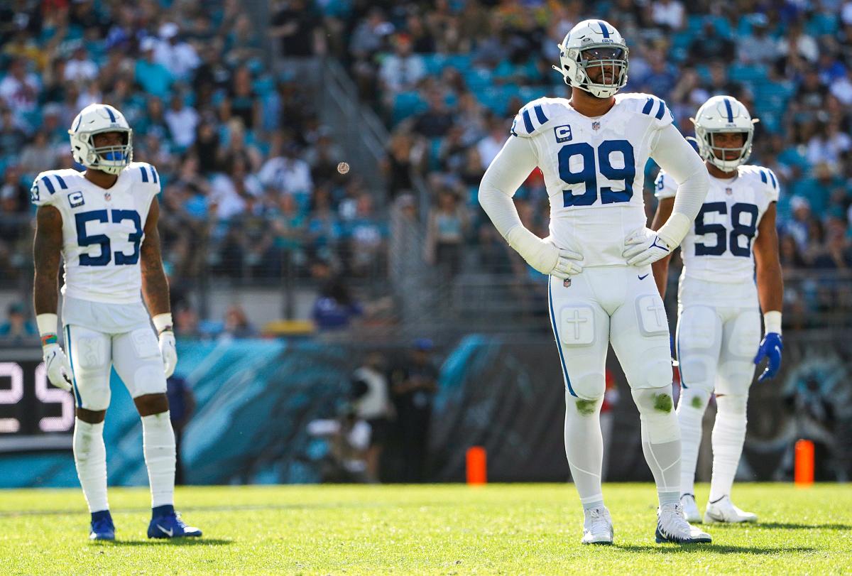 Indianapolis Colts linebacker Bobby Okereke (58) lines up on