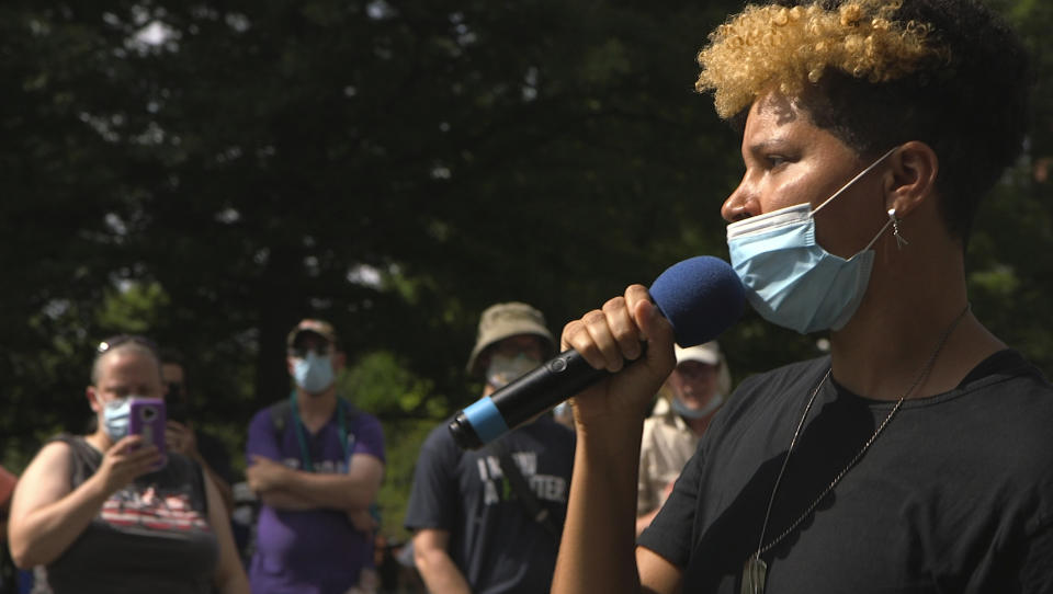 In this image taken from video, activist and rapper Genesis Be performs her poem "Mississippi The Microcosm of America," Thursday, Aug. 27, 2020, in Washington, at an event for Vote Common Good, a campaign aimed at Christian voters in swing states. Genesis Be helped ignite a nationwide conversation around the Confederate emblem as part of Mississippi's state flag until the flag was retired in June. (AP Photo/Federica Narancio)