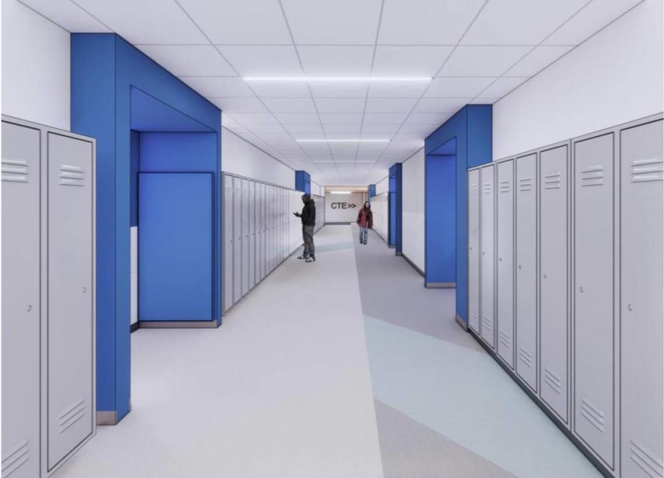 This rendering shows what a typical classroom hallway in the new Cahokia High School will look like.