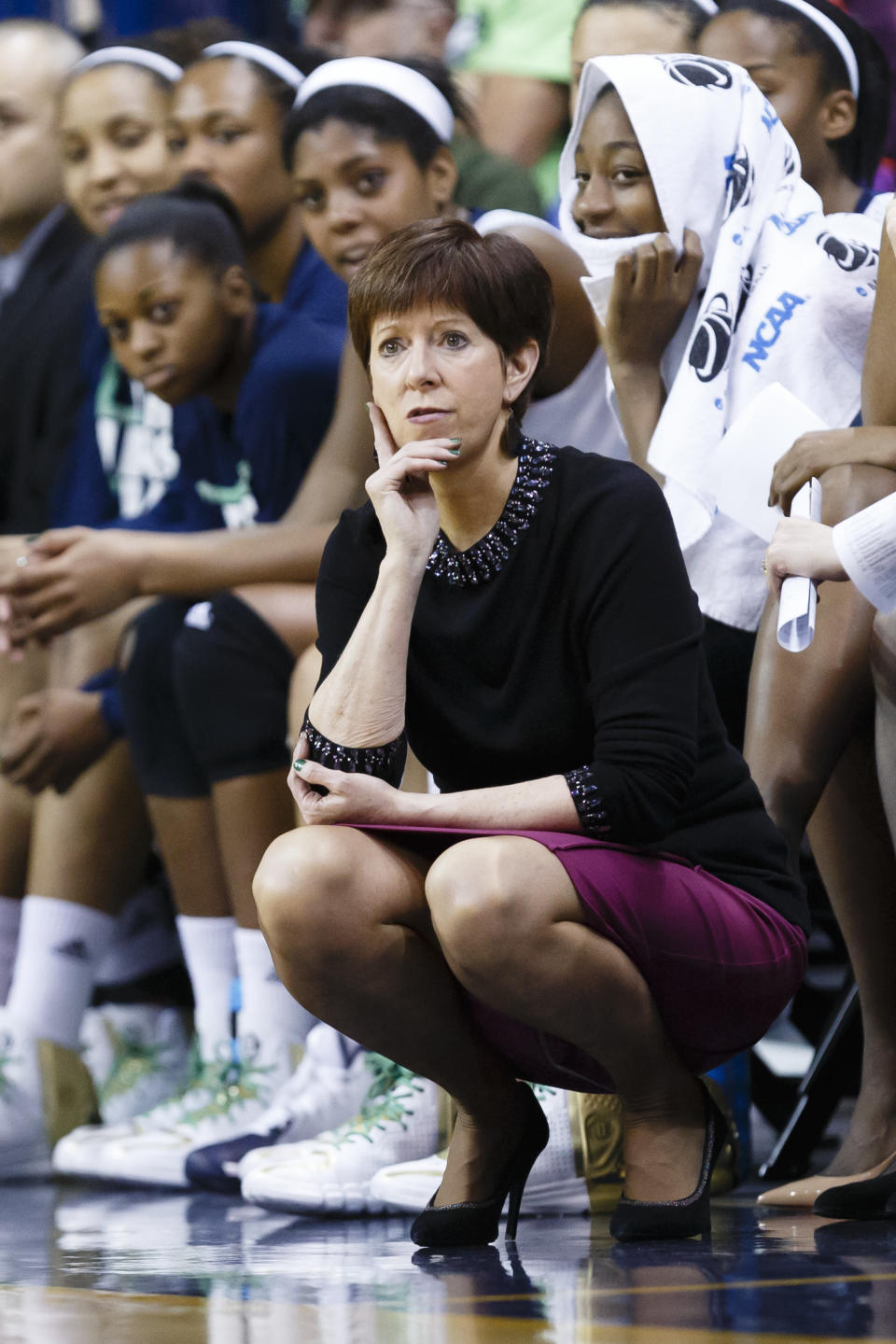 Notre Dame head coach Muffet McGraw watches her team play against Robert Morris during the second half in a first-round game in the NCAA women's college basketball tournament, Saturday, March 22, 2014, in Toledo, Ohio. Notre Dame defeated Robert Morris 93-42. (AP Photo/Rick Osentoski)