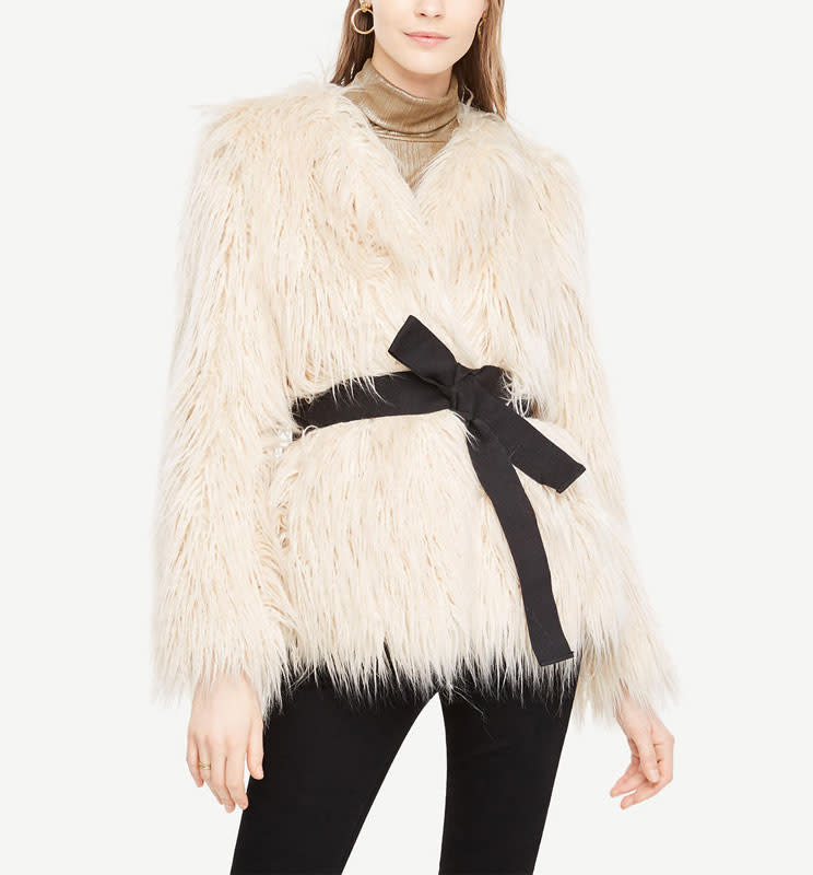 <a rel="nofollow noopener" href="https://click.linksynergy.com/deeplink?id=30KlfRmrMDo&mid=42156&murl=https%3A%2F%2Fwww.anntaylor.com%2Ffaux-fur-belted-jacket%2F455774%3FskuId%3D24260688%26defaultColor%3D9040%26colorExplode%3Dtrue%26catid%3Dcata000017" target="_blank" data-ylk="slk:Faux Fur Belted Jacket, Ann Taylor, $228A cinched waist adds elegance to every evening look.;elm:context_link;itc:0;sec:content-canvas" class="link ">Faux Fur Belted Jacket, Ann Taylor, $228<p>A cinched waist adds elegance to every evening look.</p> </a><p> <strong>Related Articles</strong> <ul> <li><a rel="nofollow noopener" href="http://thezoereport.com/fashion/style-tips/box-of-style-ways-to-wear-cape-trend/?utm_source=yahoo&utm_medium=syndication" target="_blank" data-ylk="slk:The Key Styling Piece Your Wardrobe Needs;elm:context_link;itc:0;sec:content-canvas" class="link ">The Key Styling Piece Your Wardrobe Needs</a></li><li><a rel="nofollow noopener" href="http://thezoereport.com/living/wellness/vegan-celebrities-video/?utm_source=yahoo&utm_medium=syndication" target="_blank" data-ylk="slk:This Is The Diet J.Lo Swears By;elm:context_link;itc:0;sec:content-canvas" class="link ">This Is The Diet J.Lo Swears By</a></li><li><a rel="nofollow noopener" href="http://thezoereport.com/beauty/makeup/jasmine-tookes-makeup-tutorial-video-vogue/?utm_source=yahoo&utm_medium=syndication" target="_blank" data-ylk="slk:The Right Way To Apply Lipstick, According To A Victoria's Secret Angel;elm:context_link;itc:0;sec:content-canvas" class="link ">The Right Way To Apply Lipstick, According To A Victoria's Secret Angel</a></li> </ul> </p>