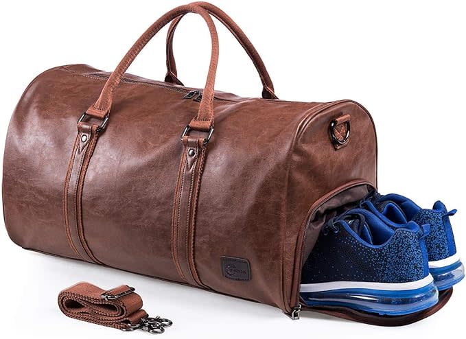 brown vegan leather weekender bag