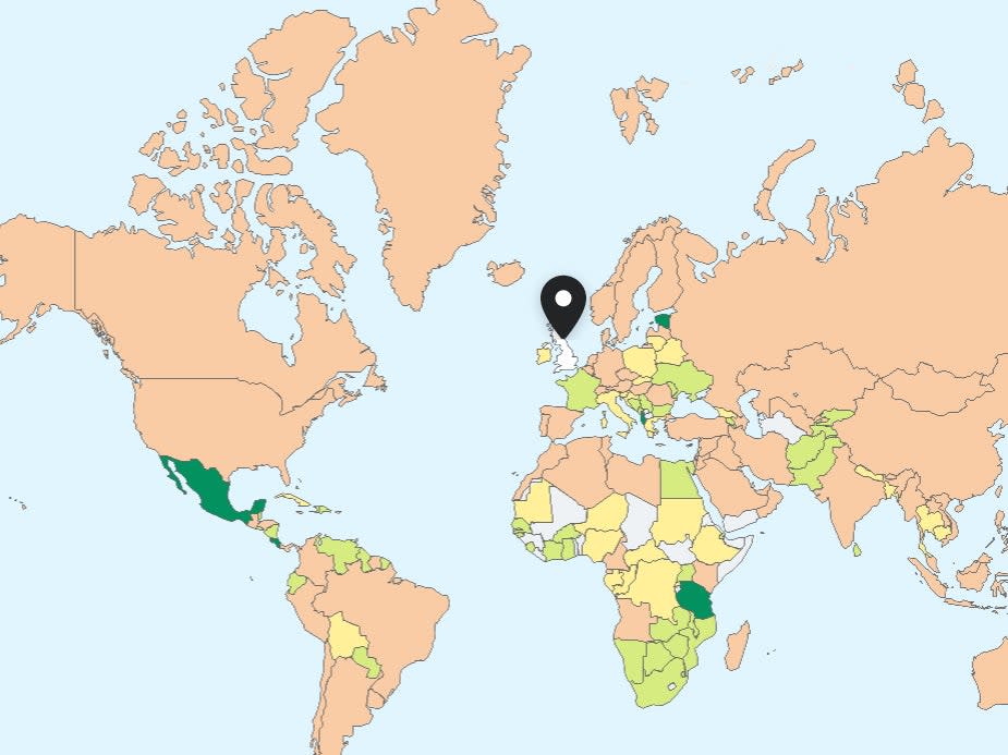 Map highlights different travel restrictions (Sherpa)