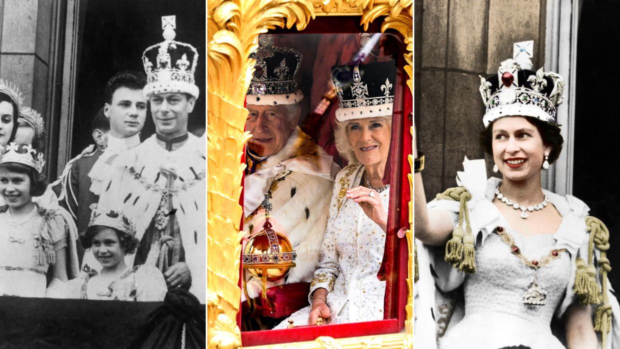  Royal coronations throughout the years - composite image showing coronation of King George VI, King Charles III and Queen Elizabeth II. 