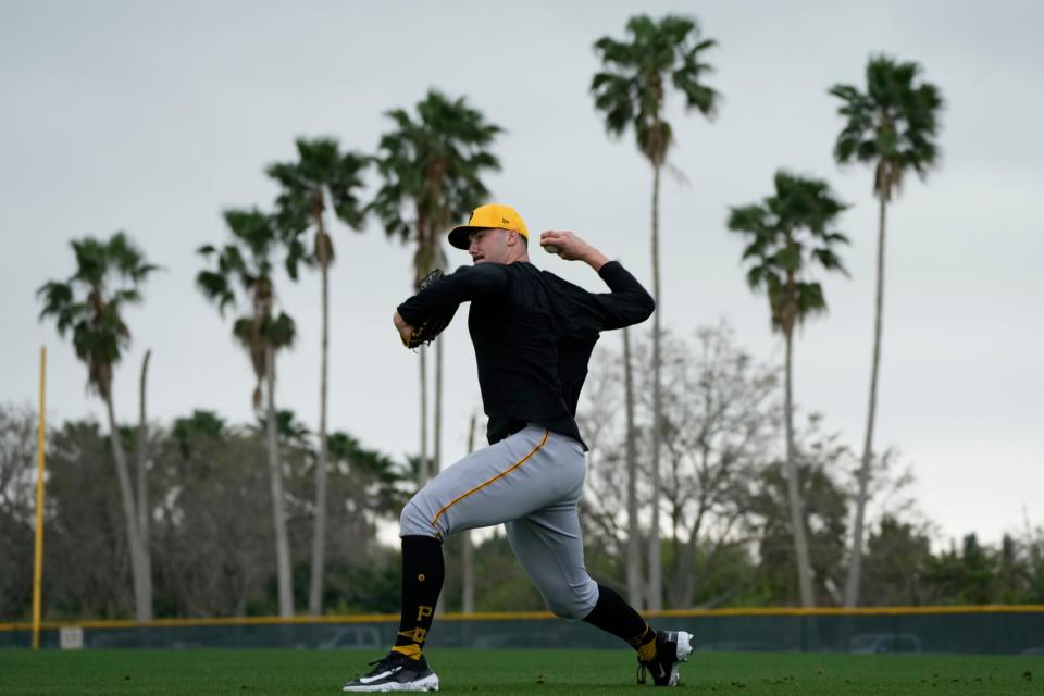 Paul Skenes throws during a baseball spring training workout in Bradenton.