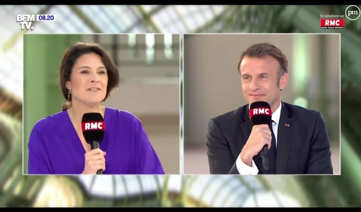 Apolline de Malherbe interroge Emmanuel Macron ce lundi 15 avril 2024 sur BFMTV et RMC. - BFMTV