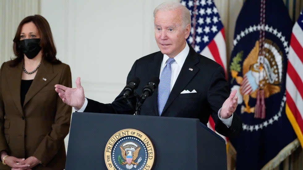 President Biden speaks about the bipartisan infrastructure bill in the State Dinning Room