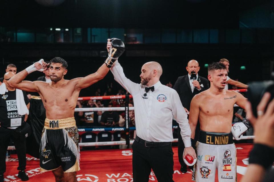 The referee pronounces Khaleel Majid, left. the victor after his fight at the Toughsheet Community Stadium. Picture courtesy of Wasserman Boxing