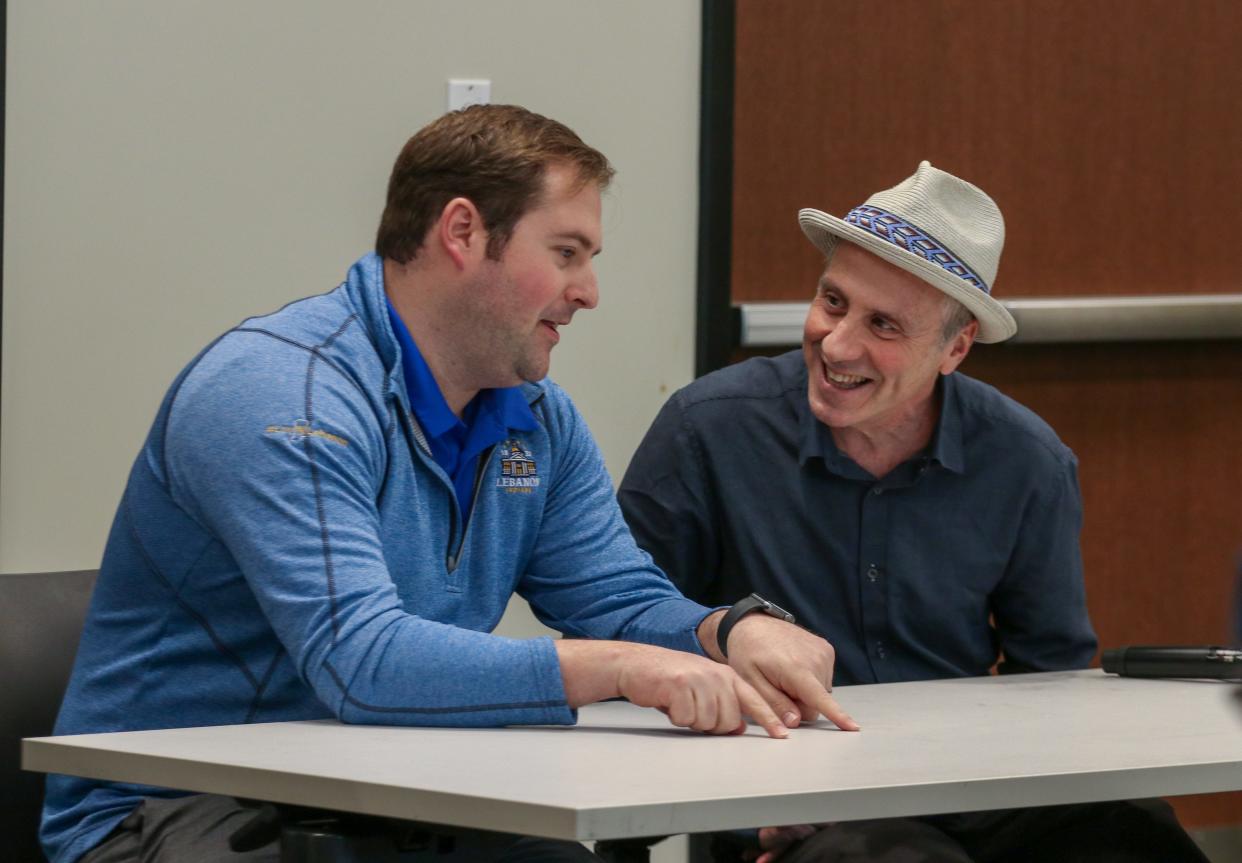 Matt Gentry, Mayor of the City of Lebanon and David Sanders, West Lafayette City Councilman and the founder of Stop the Water Steal speak at the Stop the Water Steal grassroots group's meeting, on Tuesday, March 21, 2024, in West Lafayette, Ind.