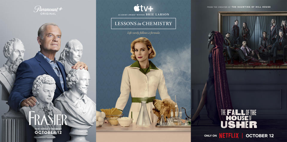 This combination of photos shows promotional art for "Frasier" a series premiering Oct. 12 on Paramount+, left, "Lessons in Chemistry," premiering Oct. 13 on Apple TV+, center, and "The Fall of the House of Usher," premiering Oct. 12 on Netflix. (Paramount+/Apple TV+/Netflix via AP)