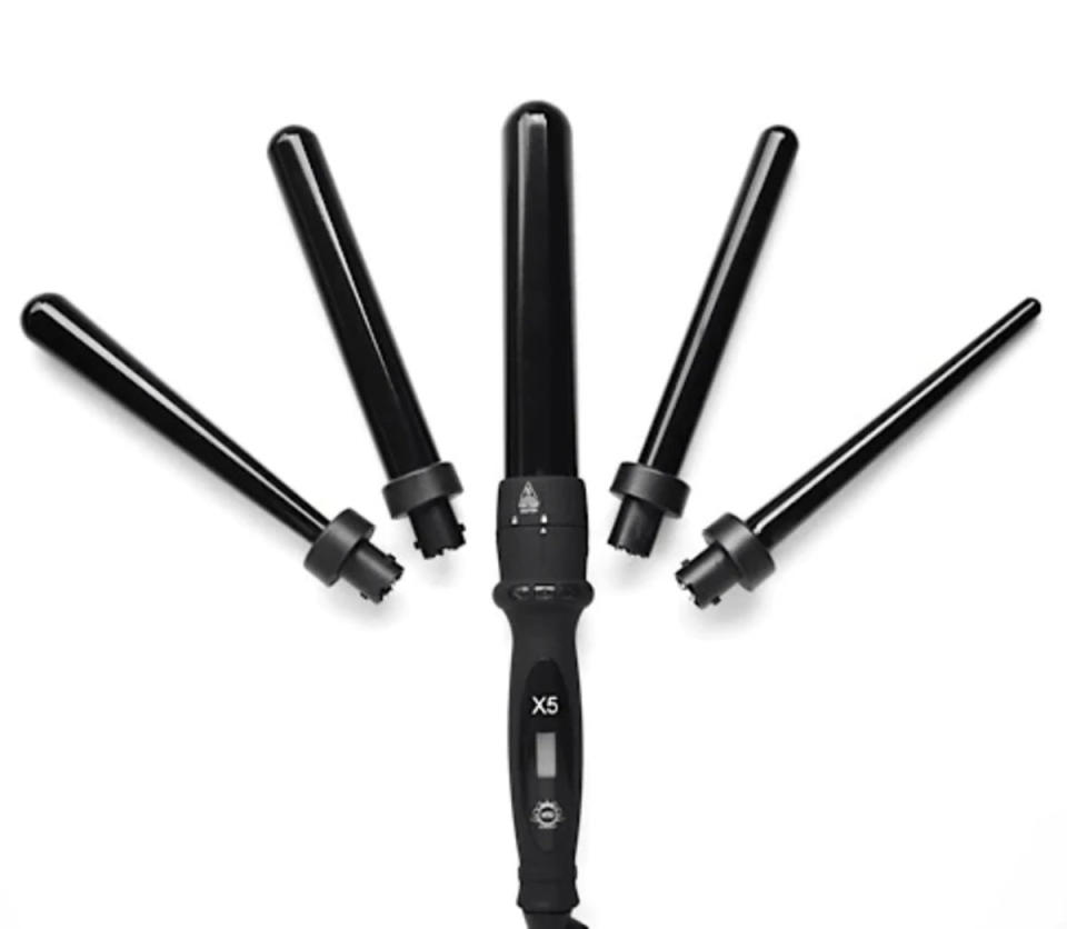 The H2D Black X5 professional curling wand showing all 5 attachments on a white background