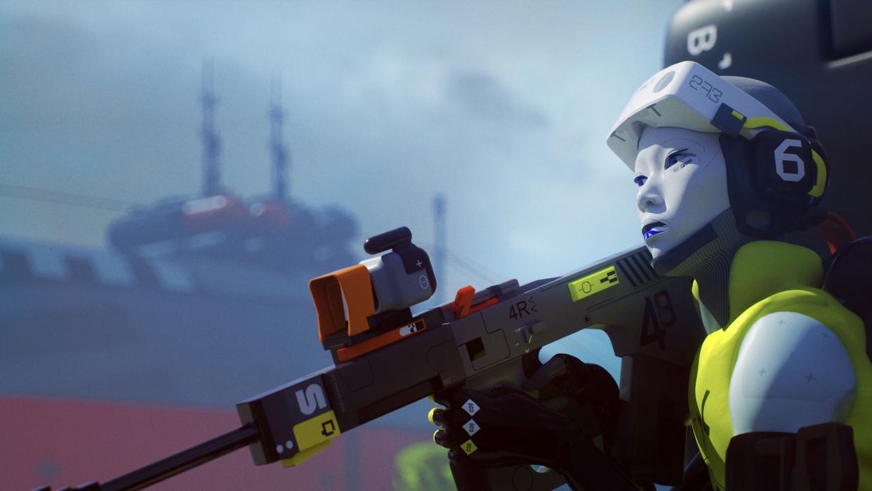  A character in Marathon aiming with a sniper rifle. 