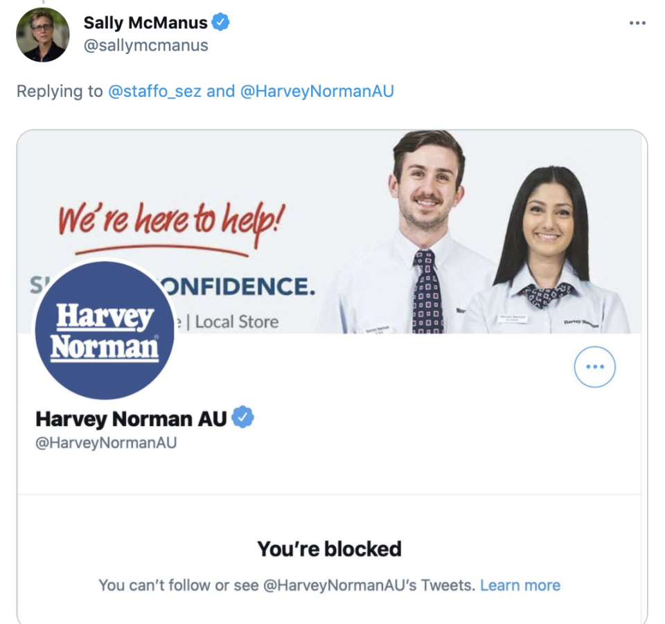 Sally McManus was among the many to be blocked by the department store's official account. 