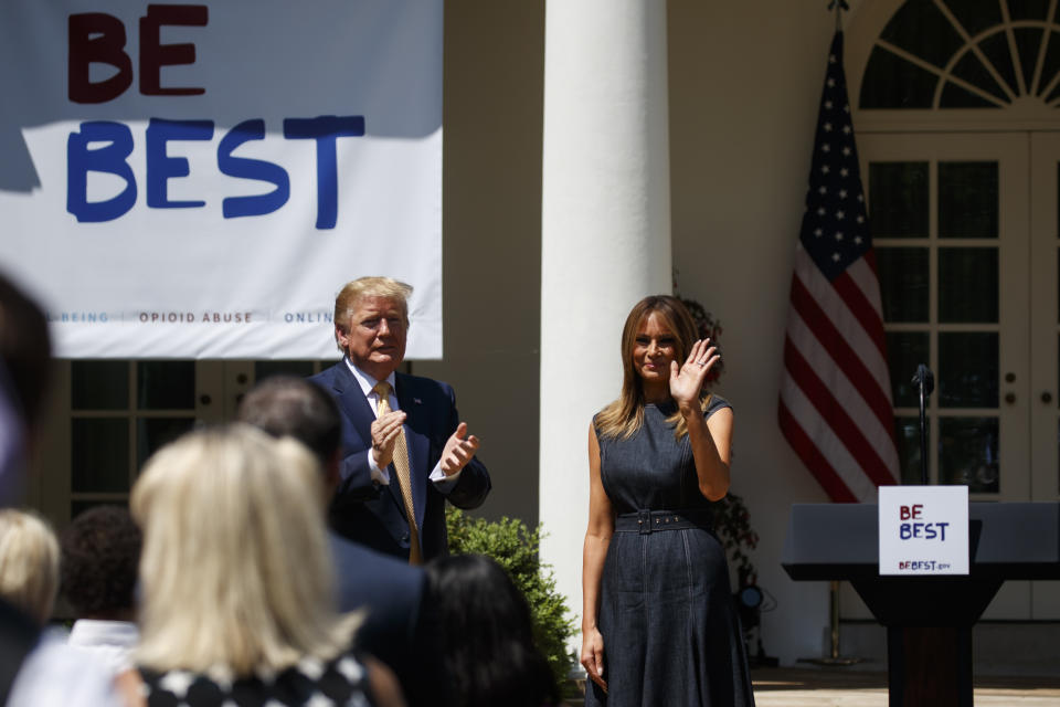 President Donald Trump applauds first lady Melania Trump at the conclusion of a program for the first lady's Be Best initiative in the Rose Garden of the White House on May 7, 2019, in Washington.  (ASSOCIATED PRESS)