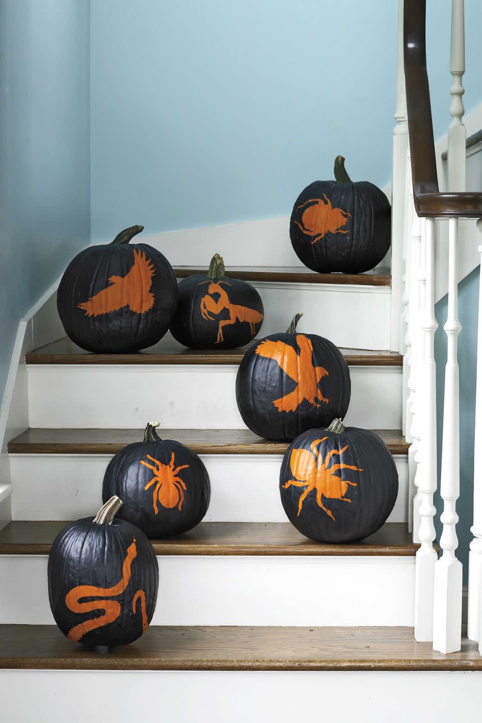 <p>Covered in black paint, these pumpkins create a sinister-looking backdrop for spooky stenciled decorations. </p><p>Get the <a href="https://hmg-prod.s3.amazonaws.com/files/wd1011-npumpkin-index-1627665052.pdf?tag=syn-yahoo-20&ascsubtag=%5Bartid%7C10070.g.331%5Bsrc%7Cyahoo-us" rel="nofollow noopener" target="_blank" data-ylk="slk:Spooky Stencil Pumpkins template;elm:context_link;itc:0;sec:content-canvas" class="link "><strong>Spooky Stencil Pumpkins template</strong></a>.</p><p><a class="link " href="https://www.amazon.com/WEISBRANDT-Crafts-Acrylic-Assorted-Colors/dp/B09GKY2PC1?tag=syn-yahoo-20&ascsubtag=%5Bartid%7C10070.g.331%5Bsrc%7Cyahoo-us" rel="nofollow noopener" target="_blank" data-ylk="slk:SHOP BLACK PAINT;elm:context_link;itc:0;sec:content-canvas">SHOP BLACK PAINT</a></p>