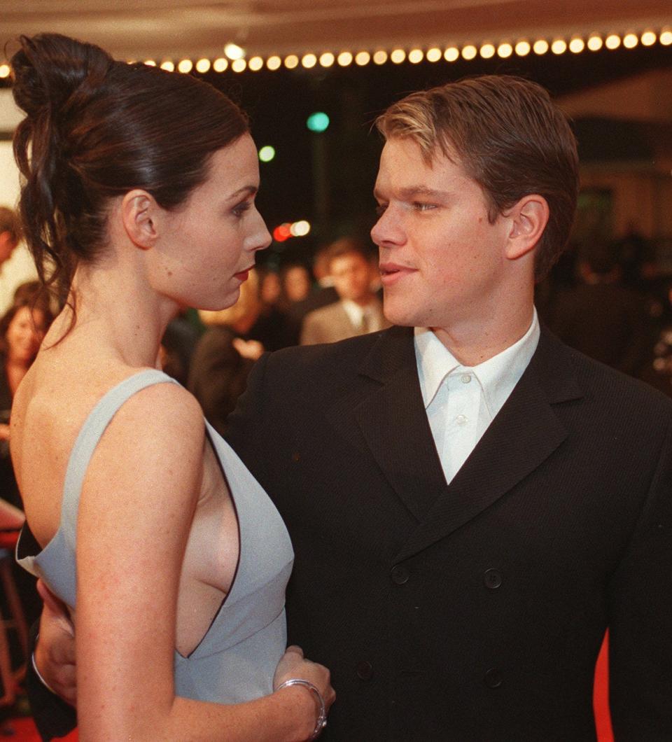 Cast members of "Good Will Hunting" Minnie Driver and Matt Damon share a moment before the movie's premiere on Dec. 2, 1997, in Los Angeles.