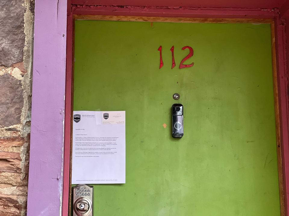 Burlington Police left a note on a door requesting camera footage for Nov. 12, 2023. A double homicide took place in the same building as this residence on the corner of Decatur St. and Intervale Ave. in Burlington.