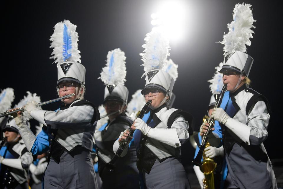 The Hardin Valley marching band performs during the annual Knox County Band Exhibition in Farragut, Tenn. on Tuesday, Nov. 1, 2022.