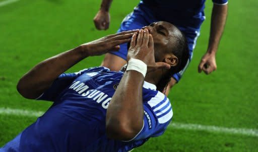 Chelsea's forward Didier Drogba celebrates after scoring a goal during their UEFA Champions League final football against Bayern Munich at Fussball Arena stadium in Munich. Chelsea beat Bayern Munich 4-3 on penalties to win the Champions League on Saturday after the two sides had been locked at 1-1 at the end of extra-time