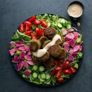 <p>Deep-fried falafel can be a total grease bomb. But these pan-seared falafel still get crispy in just a few tablespoons of oil with equally satisfying results. Be sure to use dried, instead of canned, chickpeas in this healthy recipe—canned chickpeas add too much moisture.</p> <p> <a href="https://www.eatingwell.com/recipe/253015/falafel-salad-with-lemon-tahini-dressing/" rel="nofollow noopener" target="_blank" data-ylk="slk:View Recipe;elm:context_link;itc:0;sec:content-canvas" class="link ">View Recipe</a></p>