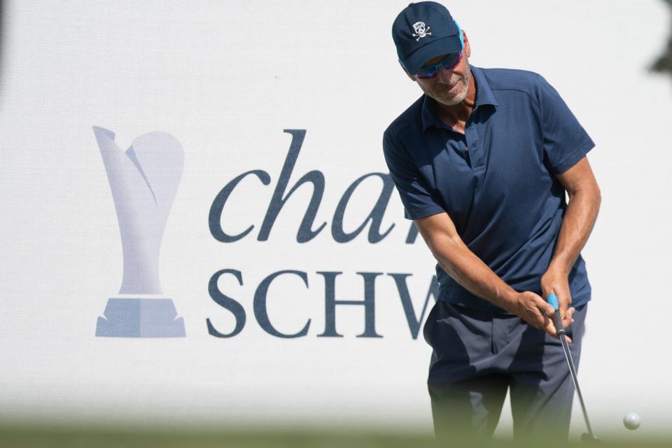 Rocco Mediate (USA) chips the ball on the 18th hole during the first round of the Chubb Classic, Friday, Feb. 18, 2022, at Tiburón Golf Club at The Ritz-Carlton Golf Resort in Naples, Fla.