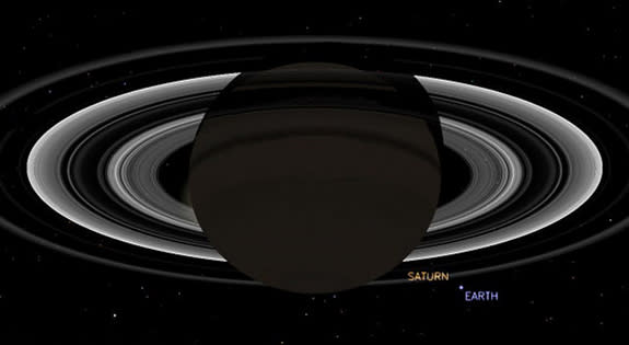 This simulated view from NASA's Cassini spacecraft shows the expected positions of Saturn and Earth on July 19, 2013, around the time Cassini will take Earth's picture. Cassini will be about 898 million miles (1.44 billion kilometers) away from