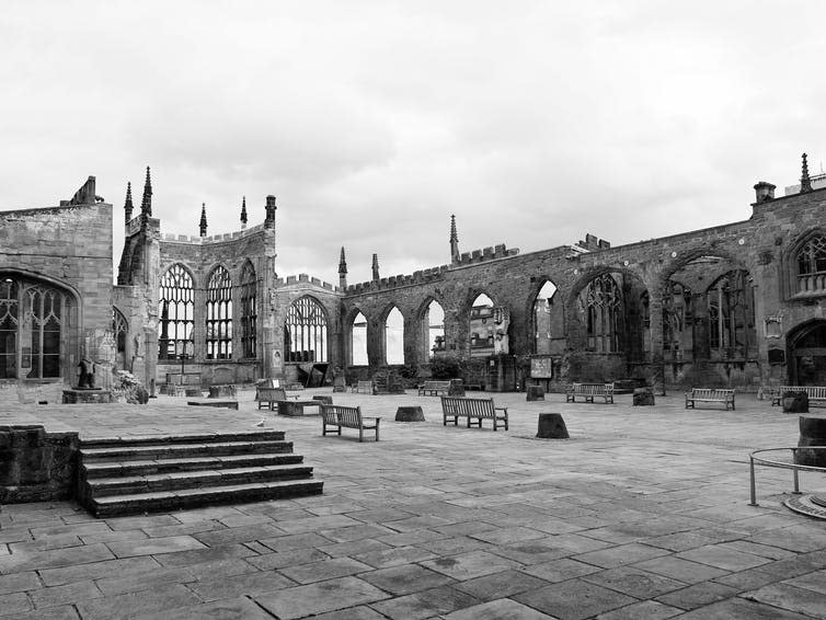 <span class="caption">The roofless ruins of Coventry Cathedral.</span> <span class="attribution"><a class="link " href="https://www.shutterstock.com/image-photo/ruins-bombed-st-michael-cathedral-coventry-89159323?src=VNLk1mtACHXS0525Umi9ZQ-1-46" rel="nofollow noopener" target="_blank" data-ylk="slk:shutterstock;elm:context_link;itc:0;sec:content-canvas">shutterstock</a></span>
