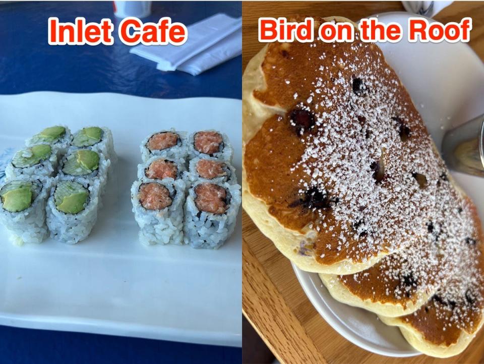 sushi at inlet cafe and blueberry pancakes from bird on the roof in montauk