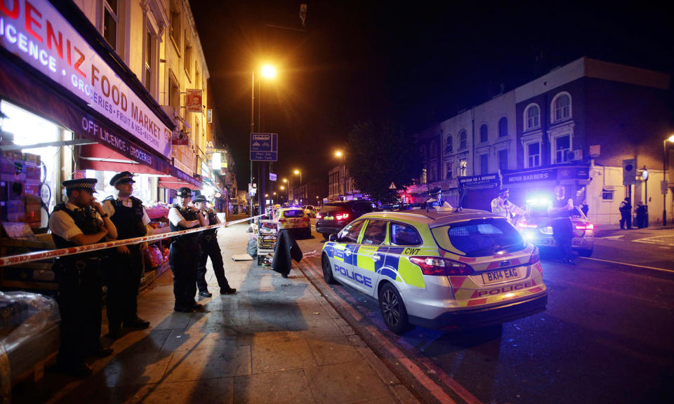 <p>Police man a cordon at Finsbury Park where a vehicle struck pedestrians in London Monday, June 19, 2017. Police say a vehicle struck pedestrians on a road in north London, leaving several casualties and one person has been arrested. (Yui Mok/PA via AP) </p>