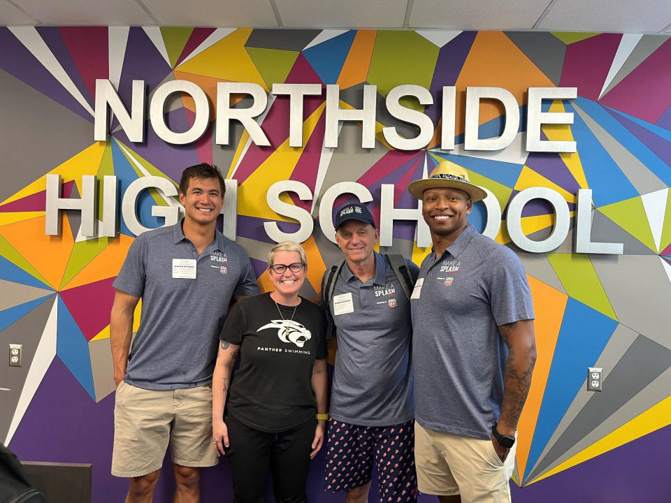 From right, Cullen Jones, Rowdy Gaines, Elizabeth Beisel, and Nathan Adrian at Northside High School in Houston (Courtesy Mike Lewis of USA Swimming)