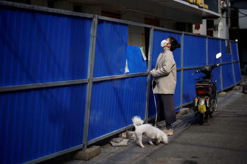 Woman waits for items to be delivered through barricades set up to block buildings from a street in Wuhan