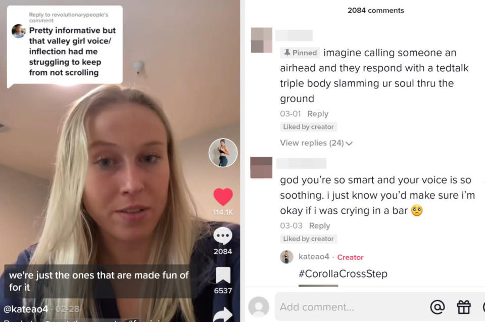 screenshot of Kate's TikTok response next to a screenshot of comments she received, such as, &quot;Imagine calling someone an airhead and they response with a TedTalk triple body slamming your soul through the ground&quot;