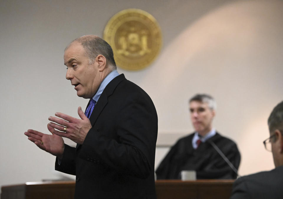 Defense attorney Arthur Frost, left, delivers closing arguments in Kevin Monahan murder trial, Tuesday, Jan. 23, 2024, at the Washington County Courthouse in Fort Edward, N.Y. Monahan, 66, is charged with second-degree murder in the death of Kaylin Gillis, who was riding in a caravan of two cars and a motorcycle that pulled into his dark, winding driveway in rural Hebron, about 40 miles (65 kilometers) north of Albany, near the Vermont border. (Will Waldron/The Albany Times Union via AP, Pool)