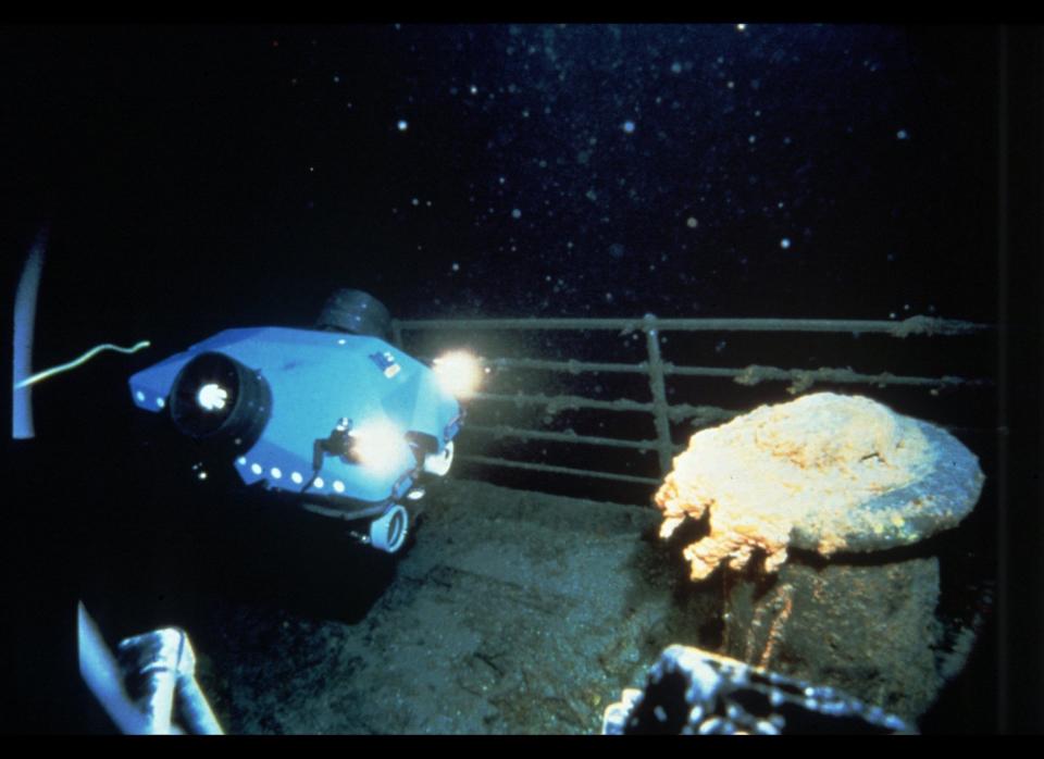 A bollard is illuminated by Alvin on the submerged hull of the sunken Titanic in 1986. Alvin is a manned submersible vehicle used during the exploration of the wreckage.