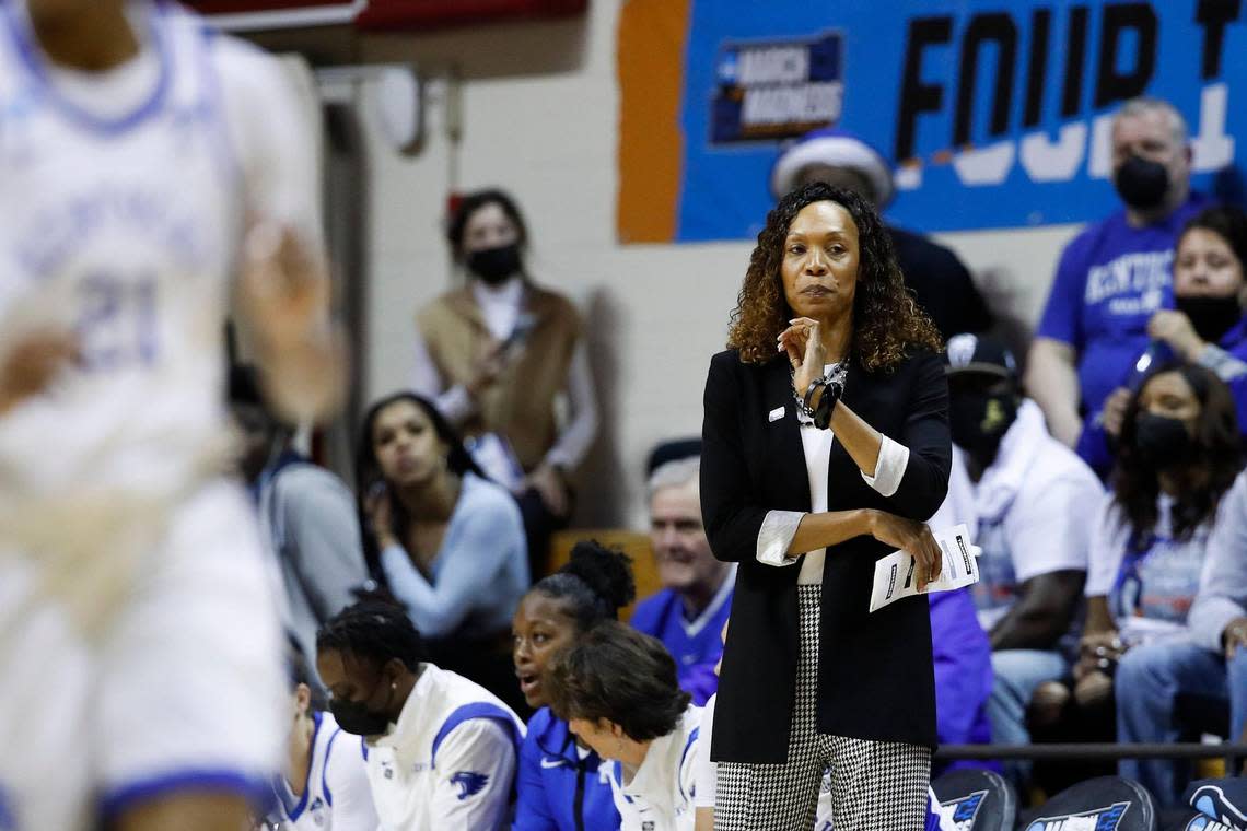 Kentucky head coach Kyra Elzy watches her team bow out against Princeton during last season’s NCAA Tournament. Since then, Elzy has rebuilt the roster this offseason, bringing in 10 new players.